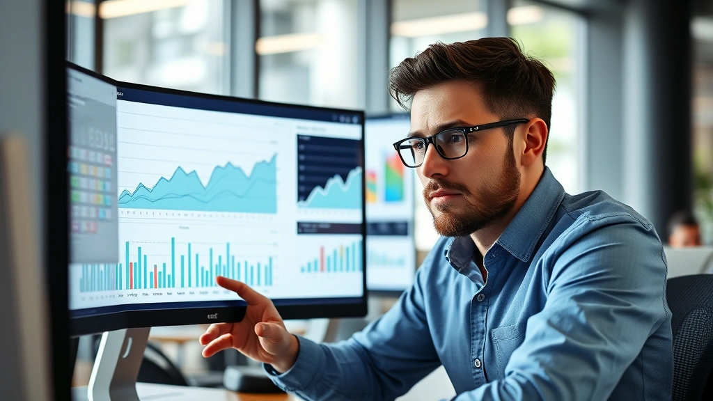 Professional analyzing growth charts on computer screen, focused expression, modern office setting, data visualization on monitor, natural lighting, confident analyst reviewing trends