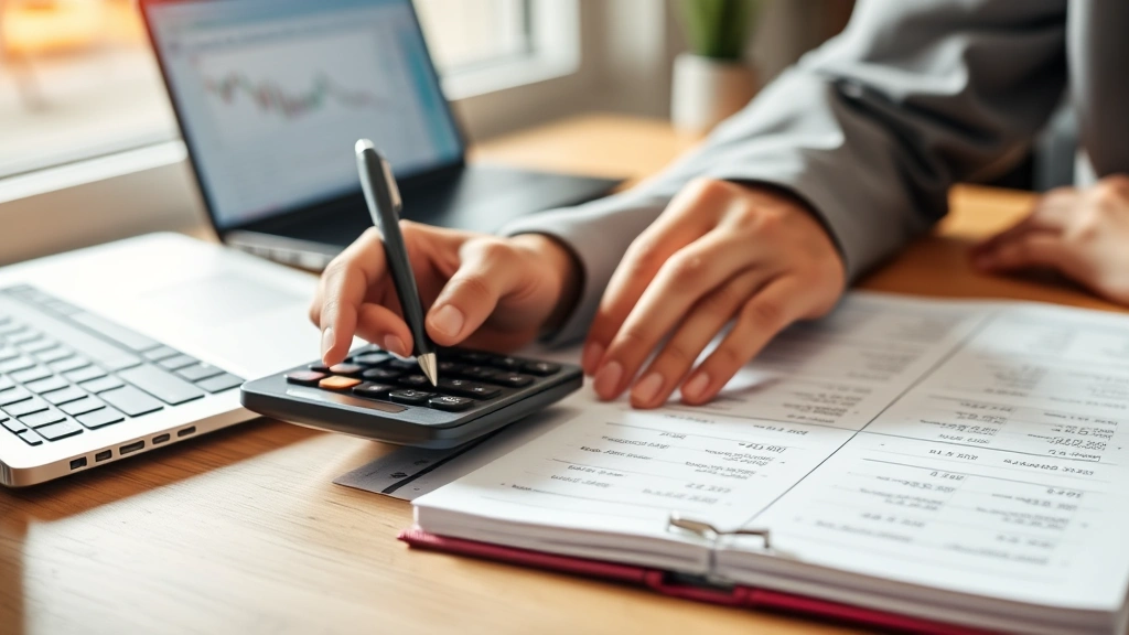 Person writing financial notes with calculator and laptop, spreadsheet visible, notebook with calculations, natural sunlight, professional workspace, analytical mindset demonstrated through focused work