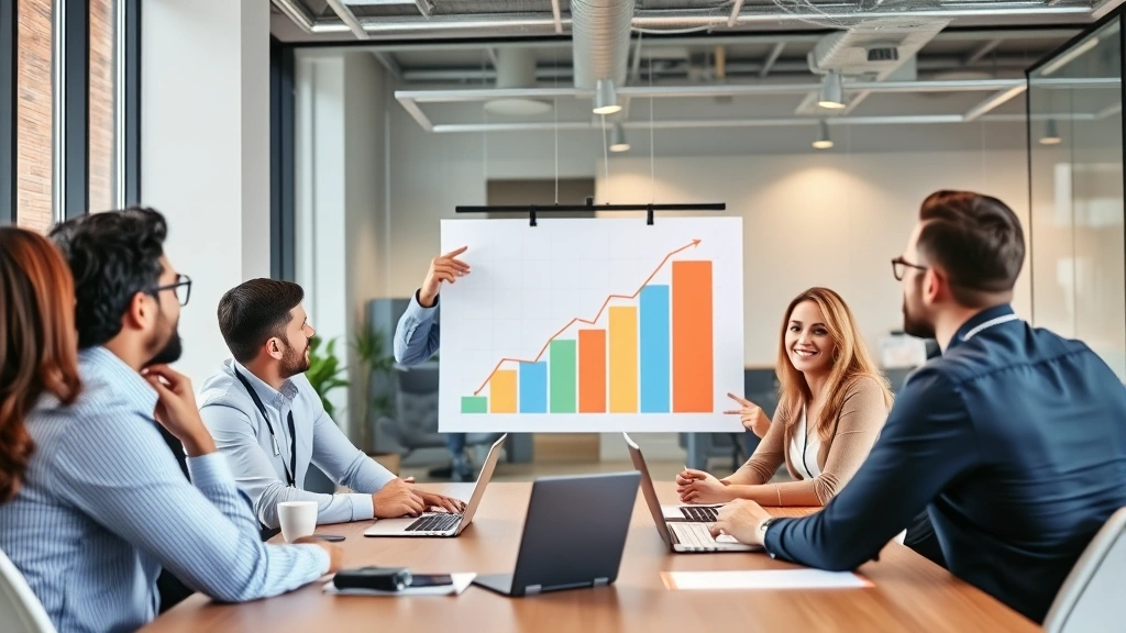 Business professional presenting growth metrics to diverse team, pointing at ascending trend chart, collaborative meeting room, engaged listeners, modern office environment, celebration of progress