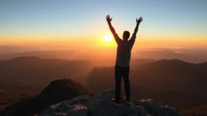 Person at mountain peak at sunrise with arms raised, looking at vast landscape below, golden hour lighting, morning mist in valleys, sense of achievement and perspective