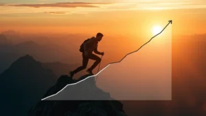 A person climbing a steep mountain with exponential growth curve overlaid, representing upward trajectory and personal achievement journey, dramatic sunrise lighting, determined expression, motivational atmosphere
