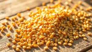 Close-up of vibrant fenugreek seeds scattered on a natural wooden surface with soft morning sunlight creating warm shadows, photorealistic botanical detail, no text
