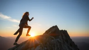 Professional woman climbing steep mountain path toward sunrise, determined expression, symbolic upward journey toward success, nature landscape background
