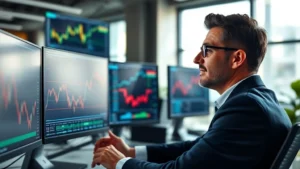 Professional investor analyzing growth charts on computer screen with multiple monitors displaying market data, confident expression, modern office environment, natural window lighting, focused concentration on financial analysis