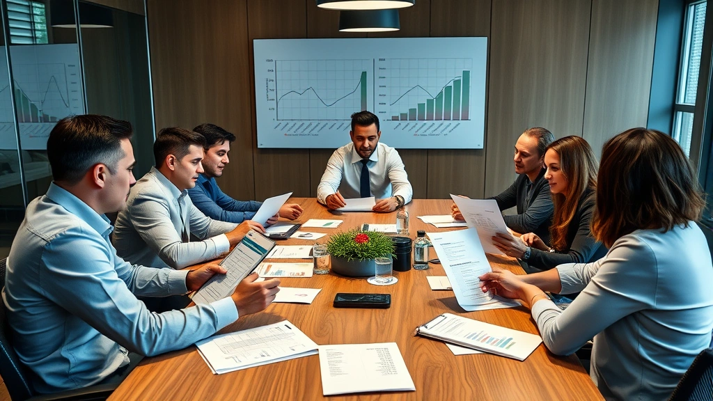 Diverse group of investors in business meeting reviewing portfolio performance reports and growth projections, collaborative discussion around conference table with financial documents, motivational atmosphere suggesting wealth building success