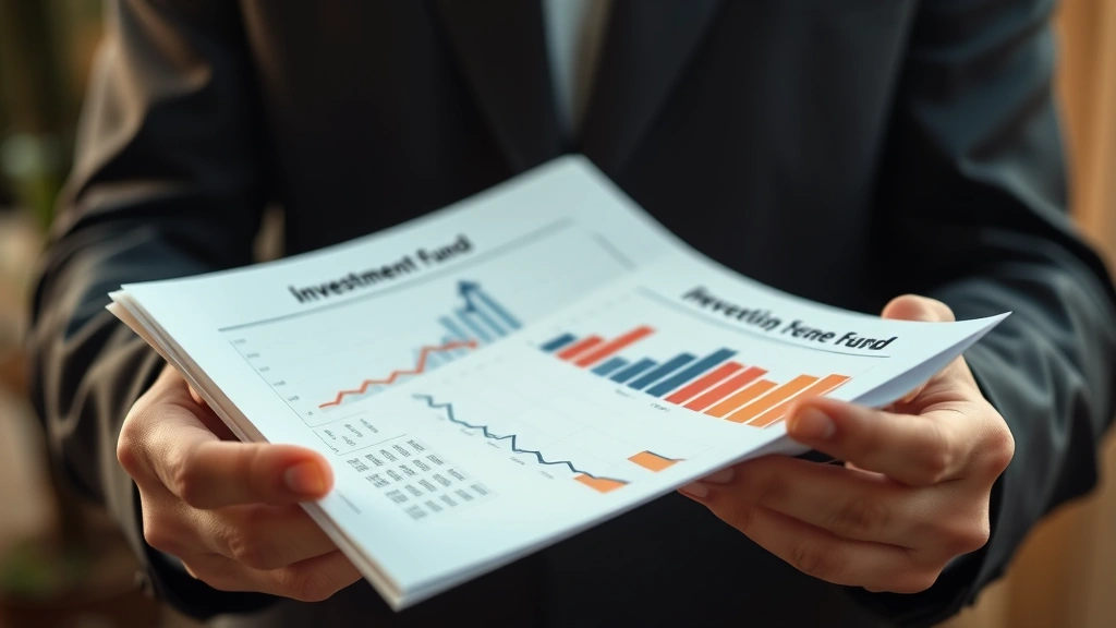 Close-up of hands holding investment prospectus with growth fund charts and performance data, background shows ascending arrow graph symbolizing portfolio growth, warm natural lighting emphasizing financial planning and strategic decision-making