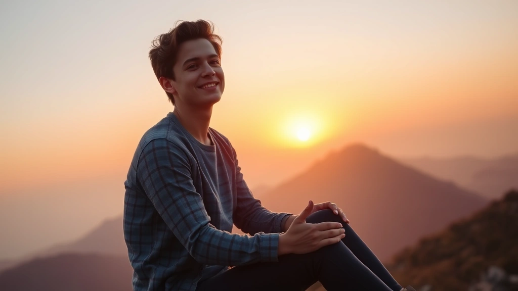 A person sitting peacefully on a mountain overlook at sunrise, looking confident and reflective, with hands relaxed on their lap, soft natural lighting, serene expression of contentment and self-acceptance