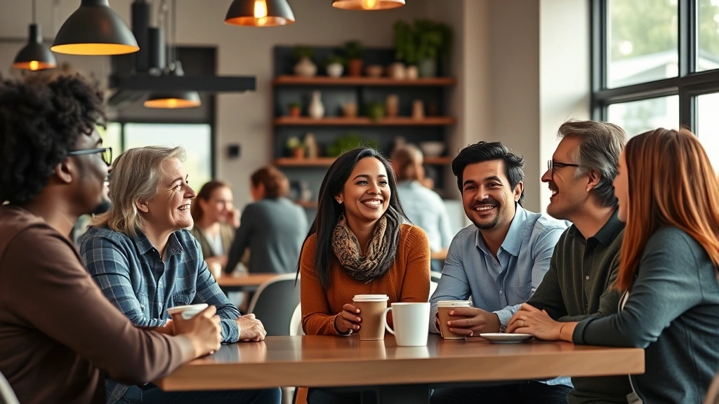 A diverse group of people engaged in genuine conversation and laughter in a warm, modern coffee shop setting, showing authentic connection and supportive interaction, natural warm lighting