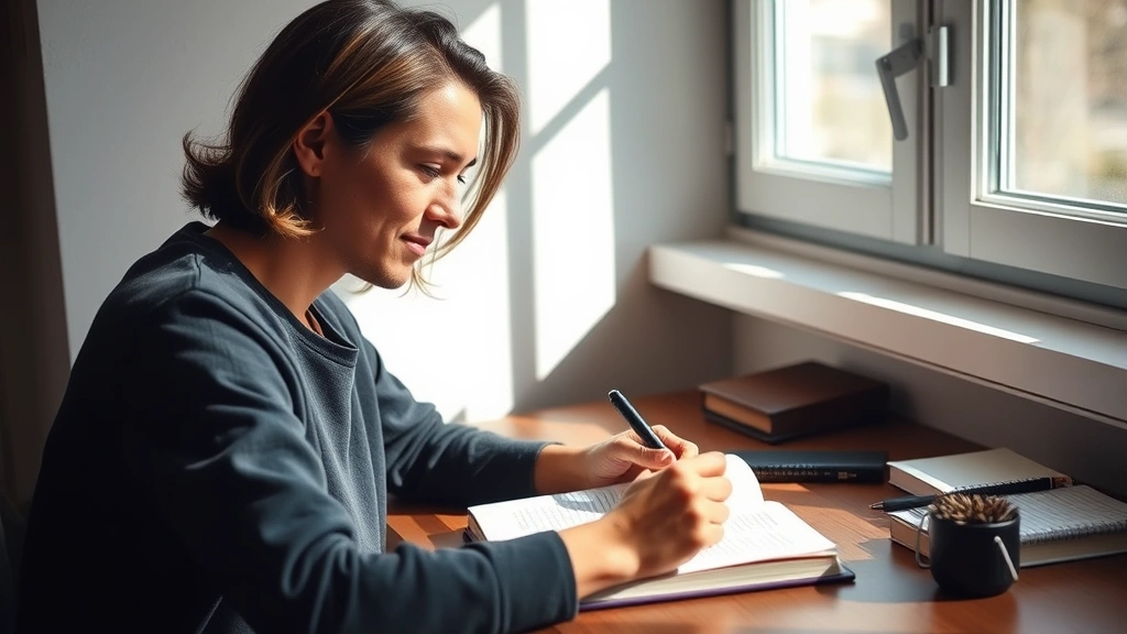 A person writing in a journal at a desk near a window with natural sunlight streaming in, focused and peaceful expression, showing mindful self-reflection and personal growth work, minimalist setting