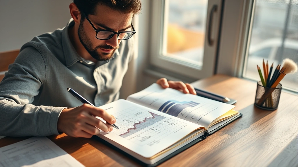 A person reviewing a detailed growth chart on a notebook at a wooden desk, early morning light streaming through a window, focused expression showing determination and progress tracking