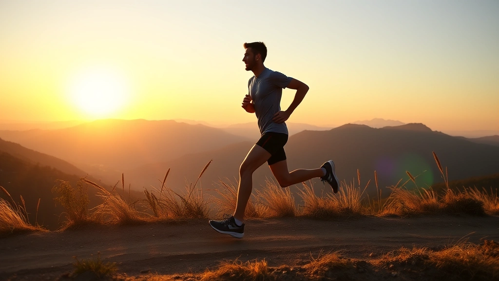 A runner in athletic gear mid-stride on a scenic trail at sunrise, showing physical improvement and sustained effort, mountains visible in background with clear sky