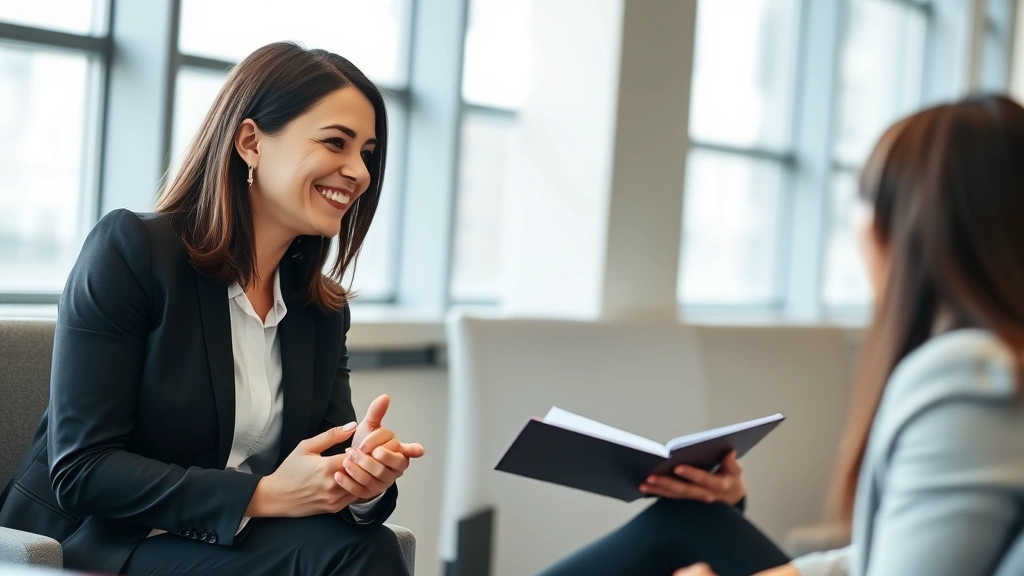 A professional woman in business casual attire having a mentoring conversation with a colleague, both smiling, modern office background with windows, representing career growth and knowledge sharing