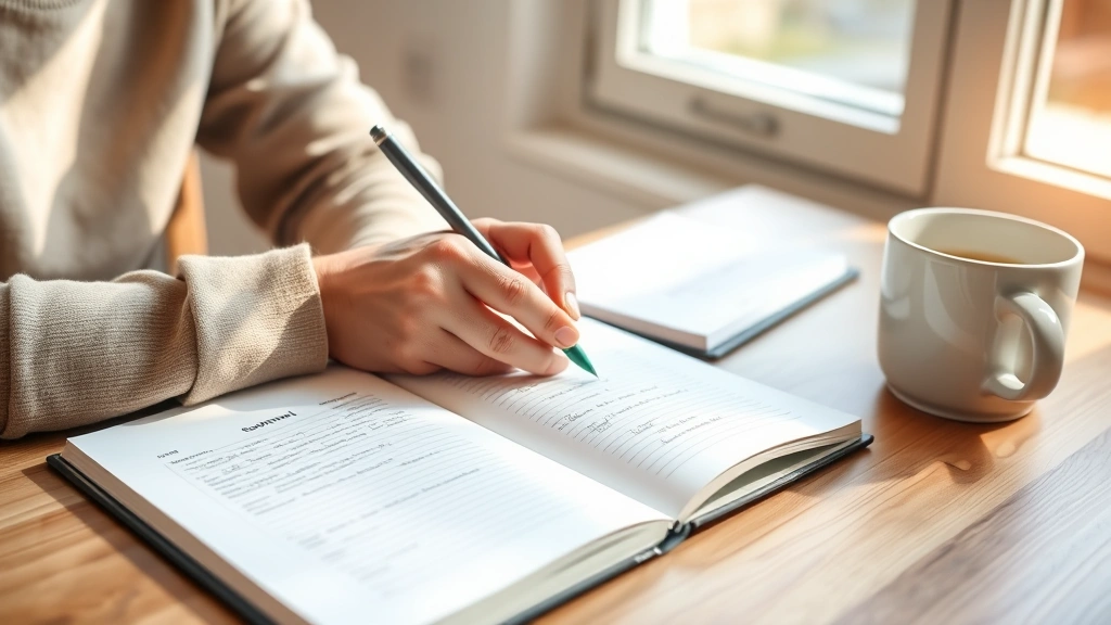 Person writing in a growth journal at a wooden desk with natural sunlight streaming through a window, hands visible holding a pen, focused expression, minimalist workspace with coffee mug nearby, morning productivity scene