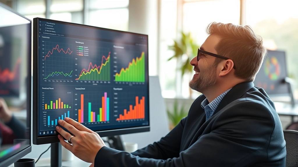Professional reviewing colorful progress charts and graphs on a computer monitor in a modern office, satisfied expression, data visualization dashboard visible, natural lighting, growth trajectory visible in metrics