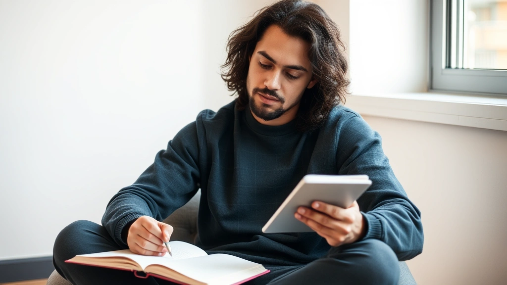 Individual doing a personal reflection, sitting peacefully with notebook, tracking progress on personal goals, calm focused demeanor, warm natural lighting, productivity and self-improvement atmosphere