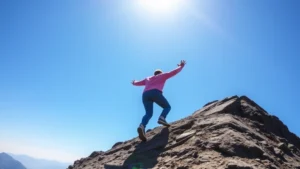 Person climbing upward mountain slope with clear blue sky, hands reaching forward with determination and confidence, morning sunlight illuminating path ahead, diverse individual showing physical progression