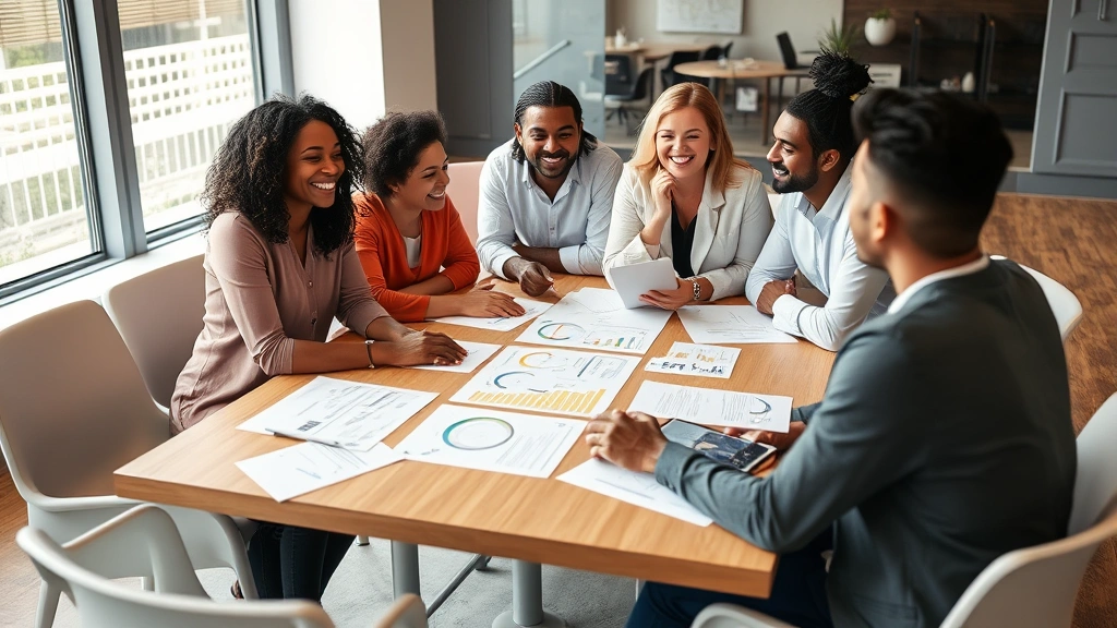 Group of diverse professionals in collaborative discussion around table, laughing and engaged, papers and diagrams spread out, representing community support and partnership in growth journey
