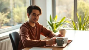 Person sitting at desk with morning sunlight streaming through large window, notebook open, coffee cup, peaceful focused expression, modern minimalist workspace, warm natural lighting, deep concentration visible in face, plants in background