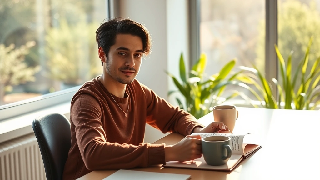 Person sitting at desk with morning sunlight streaming through large window, notebook open, coffee cup, peaceful focused expression, modern minimalist workspace, warm natural lighting, deep concentration visible in face, plants in background