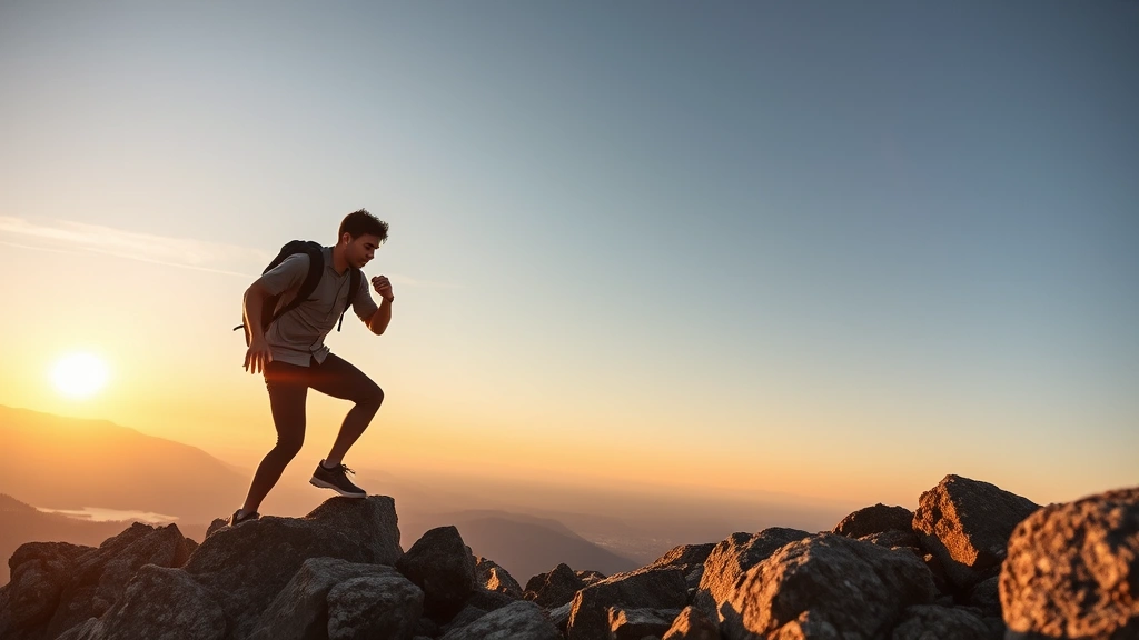 Young professional climbing rocky mountain trail at sunrise, determination and effort visible, challenging terrain, beautiful landscape vista below, athletic movement, morning golden light, determination and resilience embodied in body language