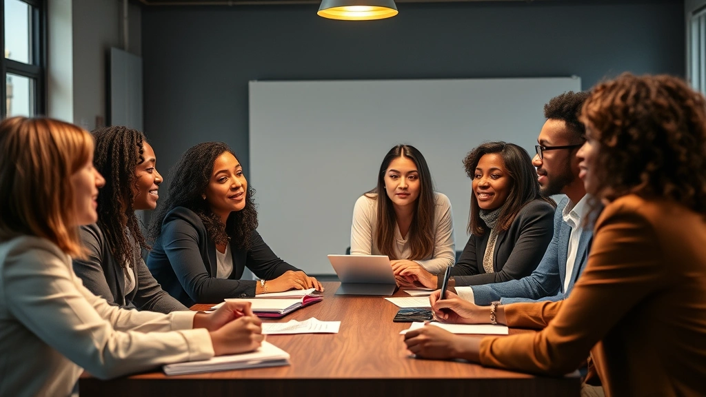 Group of diverse professionals in collaborative discussion around table, genuine engagement and active listening, mentorship moment visible, warm lighting, notebooks and ideas being exchanged, community and accountability evident in their interaction