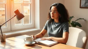 Person sitting at desk with journal and coffee, sunlight streaming through window, contemplative expression, warm neutral tones, representing self-reflection and growth planning