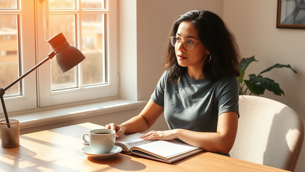Person sitting at desk with journal and coffee, sunlight streaming through window, contemplative expression, warm neutral tones, representing self-reflection and growth planning