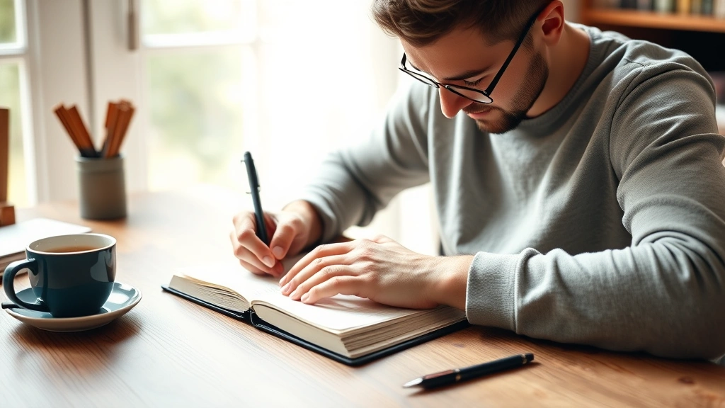 Individual writing in journal at wooden desk with coffee cup, natural window light, focused expression, motivational personal development work, candid realistic moment, growth tracking activity