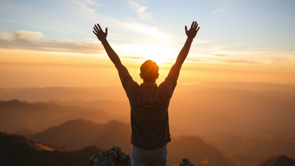 Person celebrating achievement with arms raised on mountain peak at sunrise, expansive landscape view, genuine joy and success expression, outdoor natural lighting, triumphant resilience moment