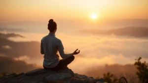 Person sitting in meditation pose on mountain overlook at sunrise, peaceful expression, surrounded by mist and natural landscape, warm golden light, serene atmosphere, no visible text or objects