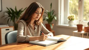 Professional woman journaling at wooden desk with morning sunlight streaming through window, thoughtful expression, notebook and pen, warm natural lighting, plants in background, peaceful home office setting