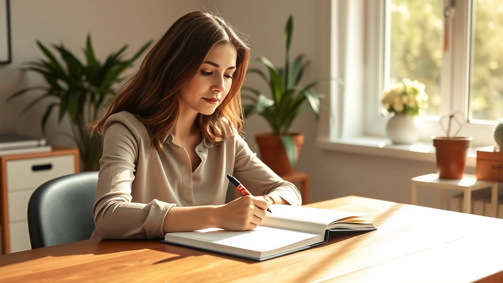 Professional woman journaling at wooden desk with morning sunlight streaming through window, thoughtful expression, notebook and pen, warm natural lighting, plants in background, peaceful home office setting