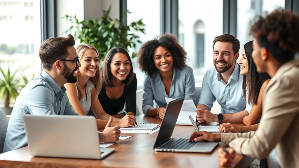 Diverse group of professionals in collaborative meeting, smiling and engaged in discussion around table, natural light, modern office environment, notes and laptops visible, positive team energy and growth-focused atmosphere