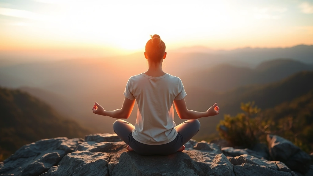 Person meditating outdoors on rocky overlook with mountain vista, sunrise lighting, peaceful posture, contemplative moment, natural landscape, symbolizing inner growth and self-reflection, serene environment