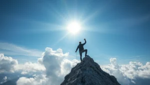 Person climbing a mountain with determination, sunlight breaking through clouds above, representing overcoming challenges and personal growth