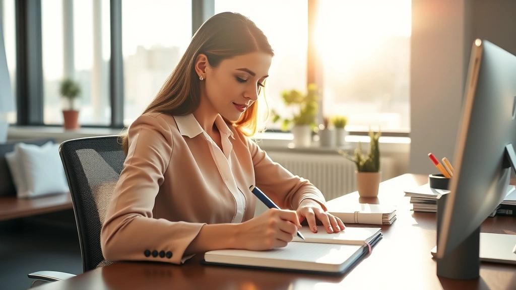 Professional woman at desk writing in journal, morning sunlight, focused expression, notepad visible, growth mindset reflection practice, realistic modern office setting