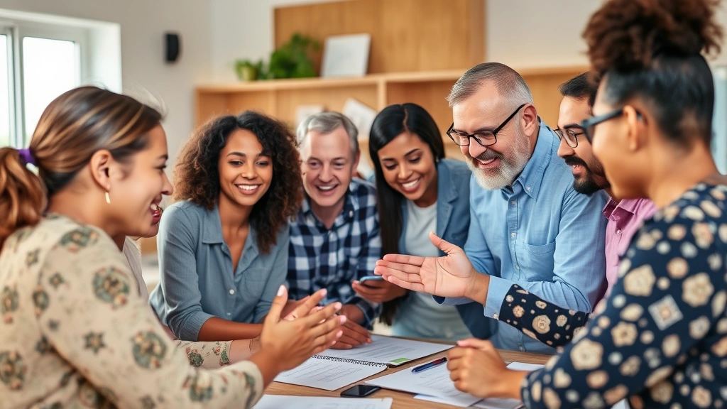 Group of diverse people collaborating and discussing ideas together, showing community support and shared learning in growth journey