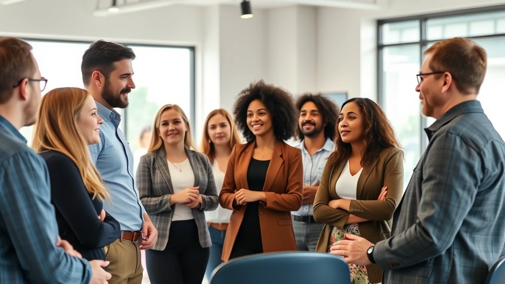 Group of diverse professionals in discussion circle, engaged conversation, collaborative learning environment, indoor modern space, natural window lighting, genuine interaction