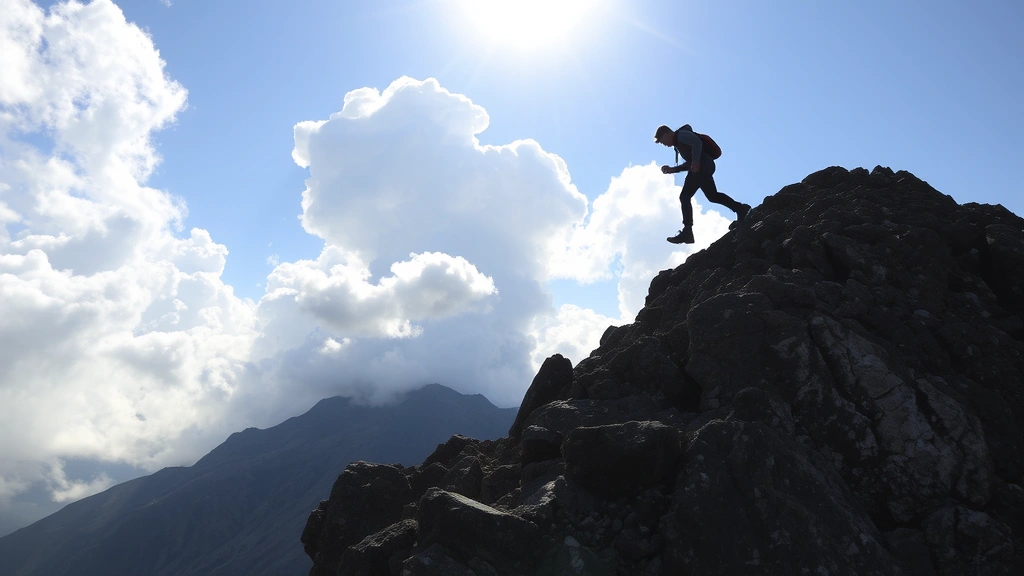 A person climbing a steep mountain path with determination, sunlight breaking through clouds above, representing overcoming challenges and personal growth through effort and persistence.