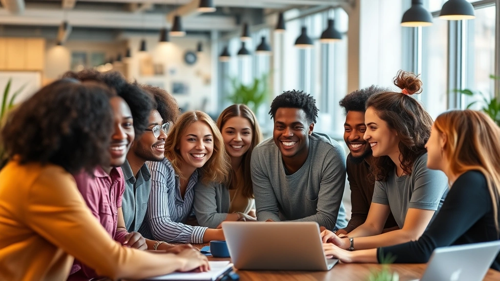 A diverse group of people collaborating and learning together in a modern workspace, smiling and engaging with each other, representing growth mindset culture and collective development.