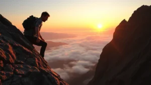 Person climbing a steep mountain at sunrise, determined expression, hands gripping rocky surface, misty valley below, symbolizing overcoming challenges and personal growth journey