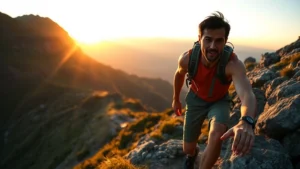 Person climbing a steep mountain trail during sunrise, determined expression, muscles engaged in effort, natural landscape showing distance traveled, warm golden light, photorealistic, embodying perseverance and upward progress