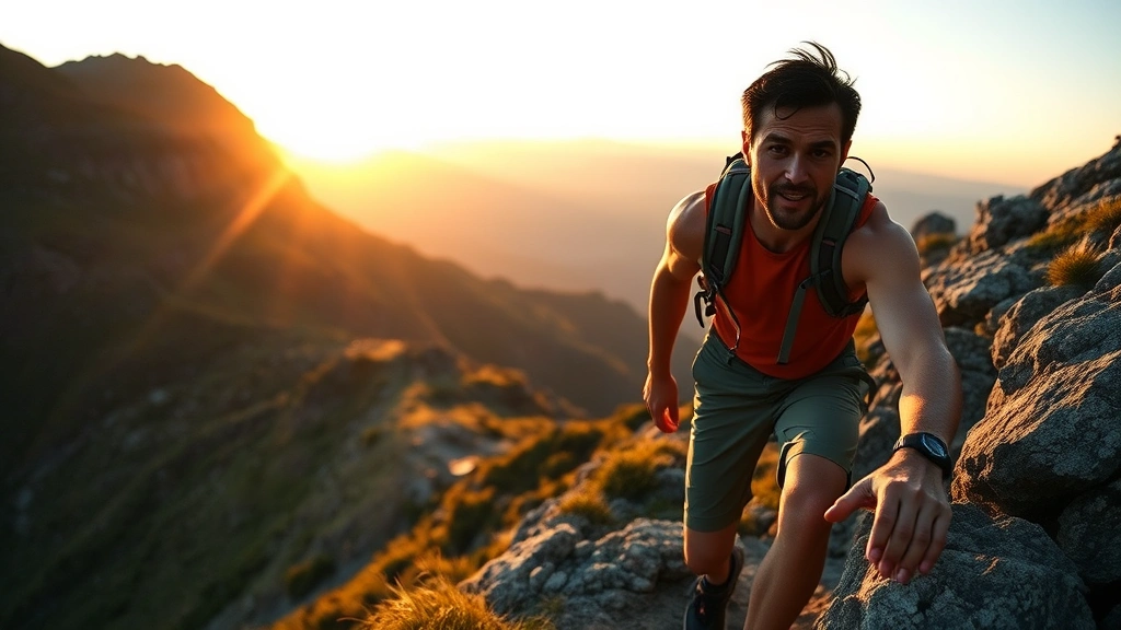 Person climbing a steep mountain trail during sunrise, determined expression, muscles engaged in effort, natural landscape showing distance traveled, warm golden light, photorealistic, embodying perseverance and upward progress