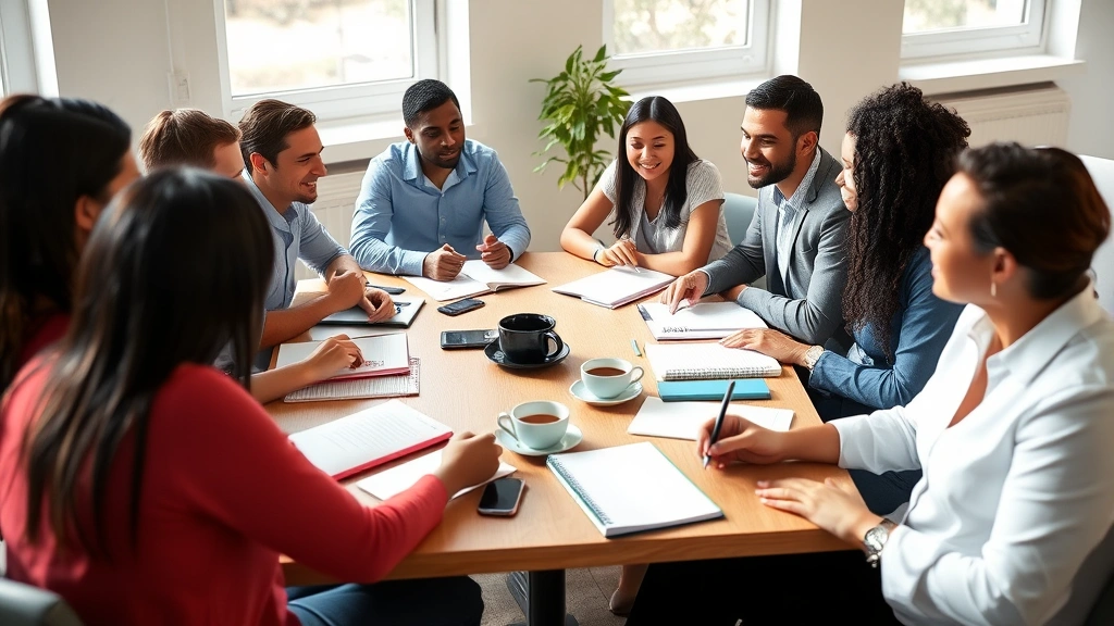 Diverse group of professionals collaborating around a table with notebooks and coffee, engaged in animated discussion, natural light streaming through windows, representing community learning and growth-oriented environment