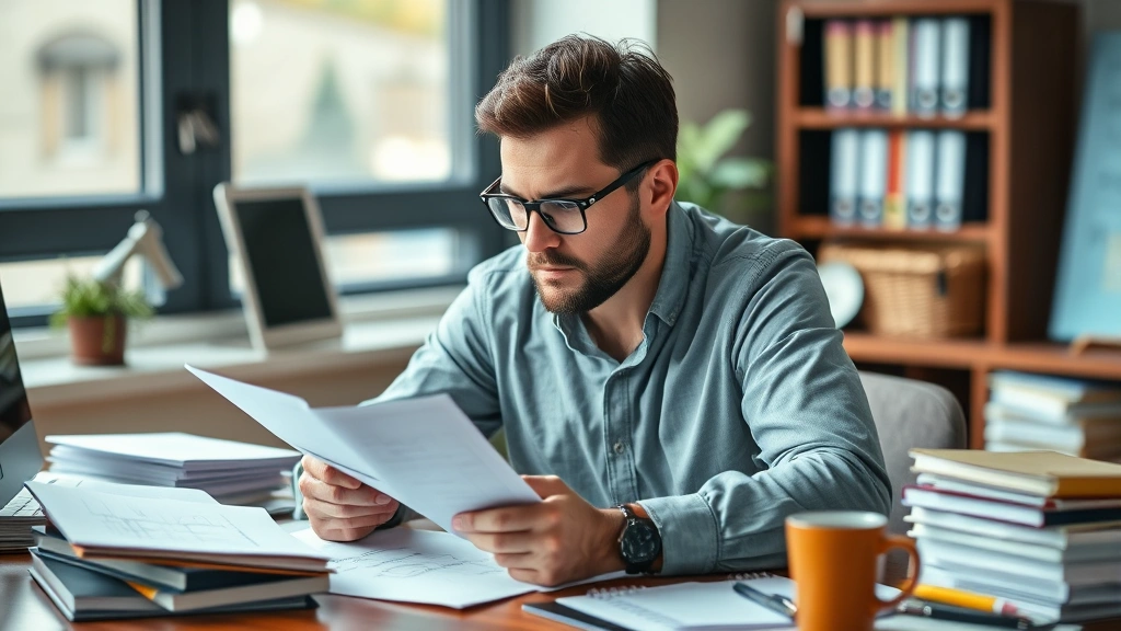 Adult in professional setting thoughtfully reviewing notes and sketching ideas at desk, surrounded by learning materials, focused concentration, natural window lighting, warm coffee cup nearby, representing active skill development and reflection