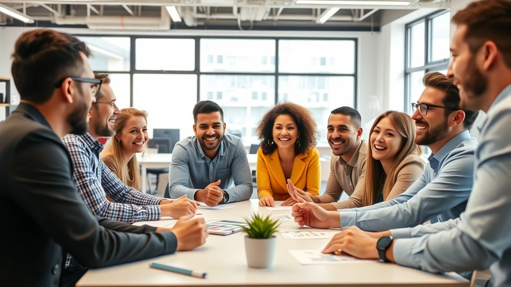 Group of diverse professionals collaborating enthusiastically around a table, sharing ideas with animated expressions, open body language, bright workspace environment, showing teamwork and growth-oriented discussion