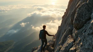 Person climbing steep mountain path with morning sunlight, determined expression, hands gripping rock, misty valleys below, showcasing upward progression and persistence