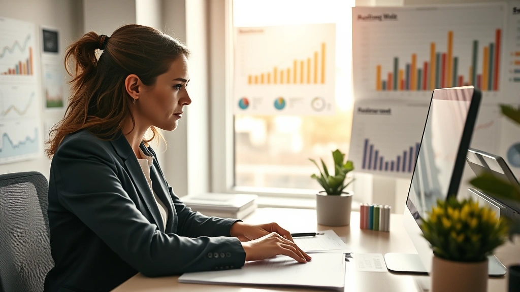 Professional woman at desk reviewing charts and progress metrics with focused concentration, natural light from window, surrounded by growth indicators and improvement data