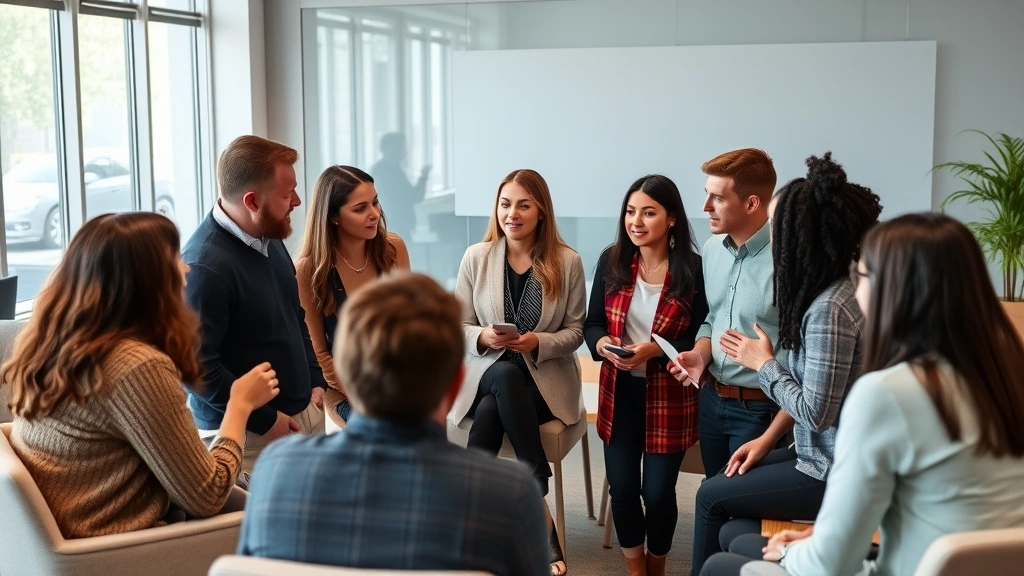 Diverse group of mentors and learners in collaborative discussion, engaged body language, sharing insights and feedback, modern office setting representing community support and accountability