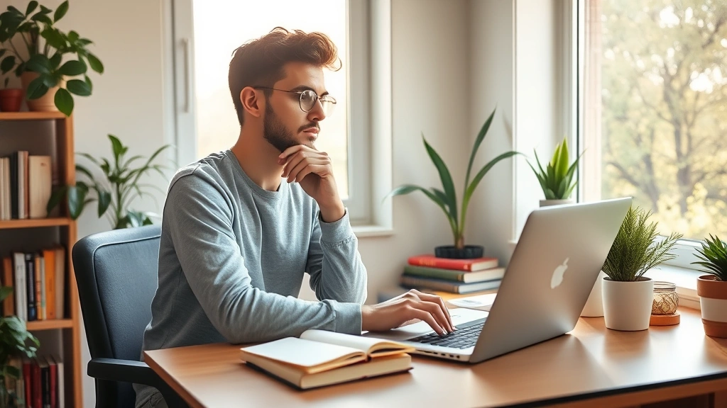 A person sitting at a desk with a laptop and notebook, looking thoughtfully out a window with morning sunlight streaming in, surrounded by plants and books, embodying contemplation and self-reflection during personal development work